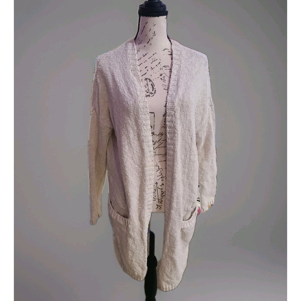 Kaisely Long Knit Cardigan Sweater Womens Small Beige Open Front Drop Shoulder‎